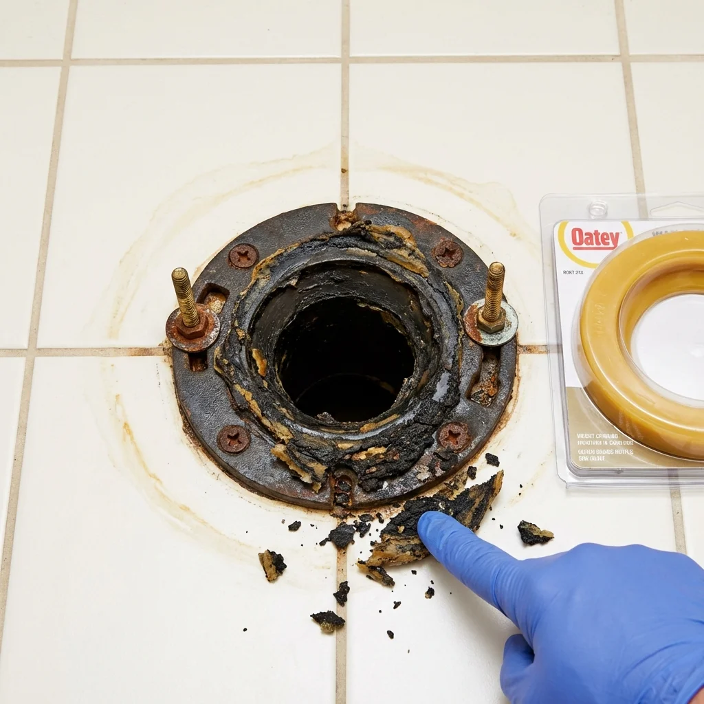 Failed wax ring showing water seepage at the base of a toilet in a Kingston, NH home