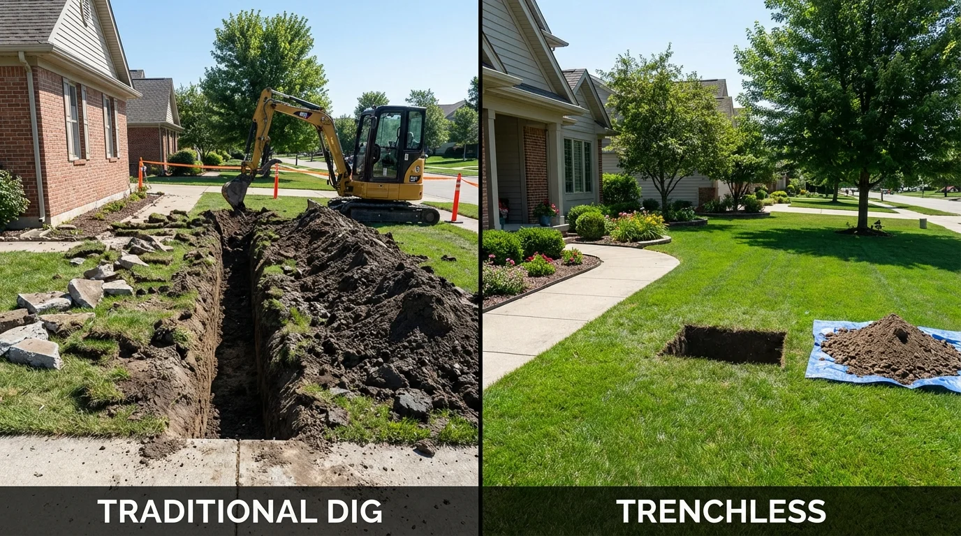 Trenchless sewer repair with minimal yard damage versus traditional excavation in Kingston, NH