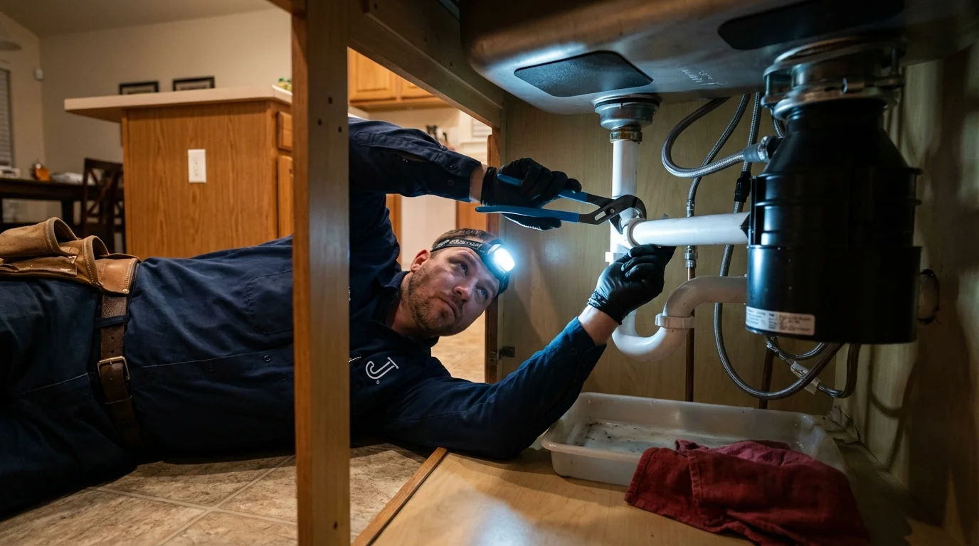 P-trap and supply line connections under a kitchen sink showing a common leak point in Kingston, NH